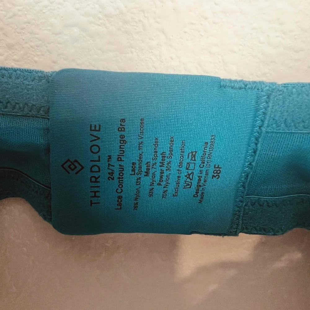 ThirdLove Size 38F Bra Teal Contour Plunge Underwire Padded Lace‎ NWOT